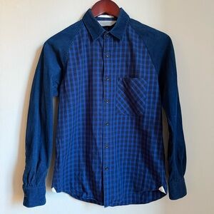 Shirt Marcaware Made in Japan 100% Cotton Navy Plaid Men's Casual Short XS